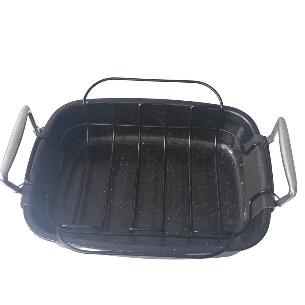 Black Speckled Enamel Roasting Pan with Removable Wire Rack & Silver Handles 16